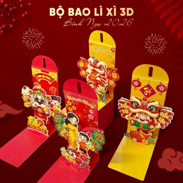 Bao lì xì 3D PopUp hình Lân và Thần Tài tết Bính Ngọ 2026, giấy mỹ thuật 9x18cm