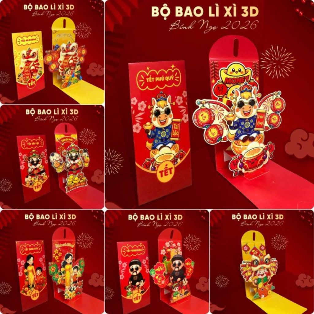 Bộ sưu tập bao lì xì hoạt hình 3D cao cấp tết 2026, đủ mẫu Ngựa, Thần Tài, Mùa Xuân