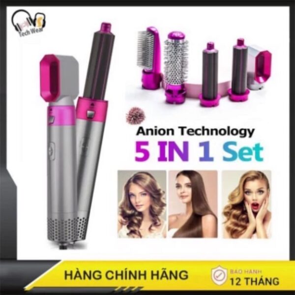 sấy khô Máy làm tóc 5in1 đa năng Hàn Quốc Anion Technology 5 in 1 Set màu hồng bạc, đầy đủ 5 đầu uốn sấy tạo phồng chính hãng