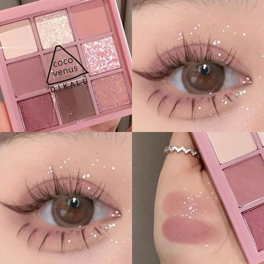 Bảng phấn mắt DIKALU Coco Venus 9 ô, màu Hồng Đào, nhũ kim tuyến lấp lánh