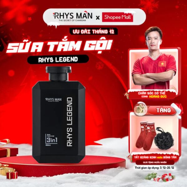 Review Sữa Tắm Gội RHYS MAN 3in1 Rhys Legend: Sạch Chai sữa tắm gội nam RHYS MAN 3 In 1 Rhys Legend 350ml màu đen/xanh, nổi bật với hương nước hoa nam tính.