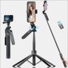 Tổng quan gậy chụp ảnh selfie 4 chân A14 kèm remote và khả năng xoay 360 độ.