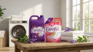 Chai nước giặt Carefor cao cấp đặt trên bàn gỗ trong phòng giặt