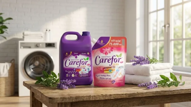 Chai nước giặt Carefor cao cấp đặt trên bàn gỗ trong phòng giặt