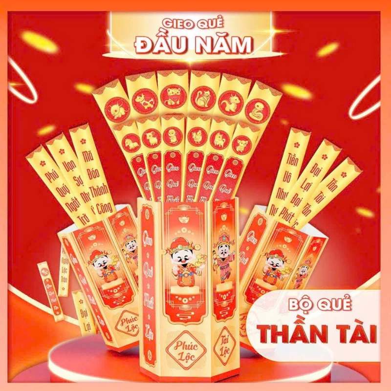 Hộp lì xì gieo quẻ Thần Tài, rút thăm các lá quẻ chúc Tài Lộc đầu năm.