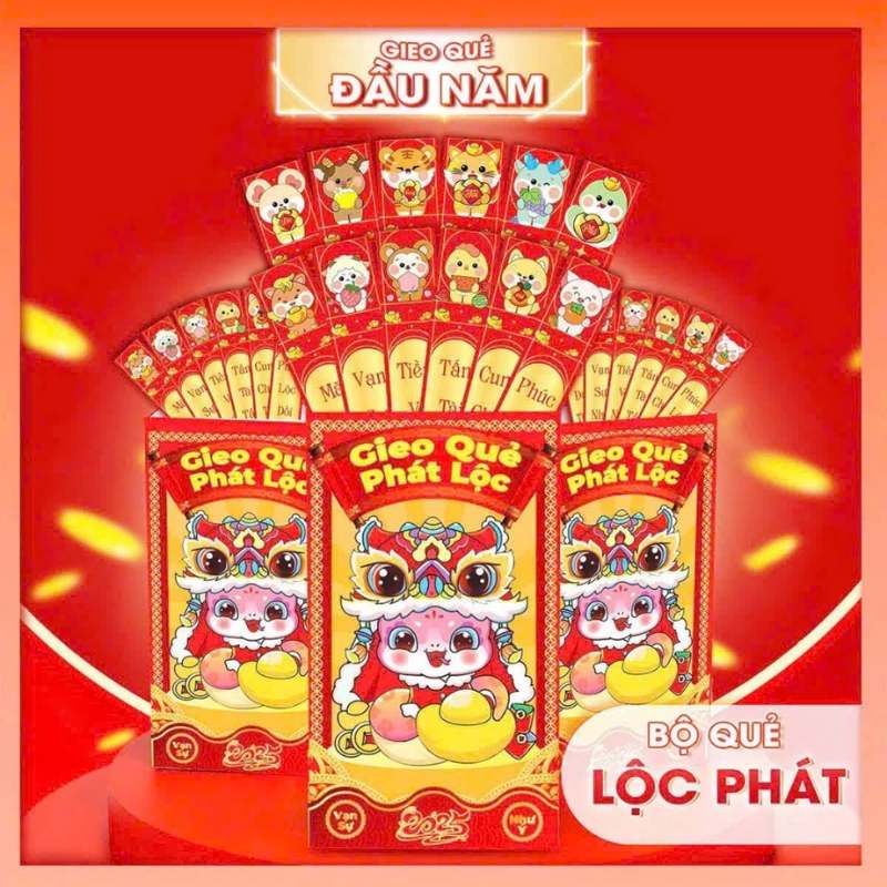 Bao lì xì gieo quẻ Lộc Phát hình Sư Tử chibi may mắn, set 12 lá quẻ.